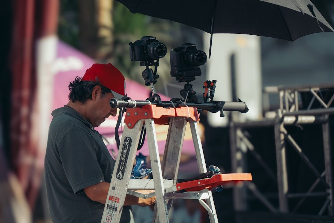 Professional video camera on a tripod at a press event